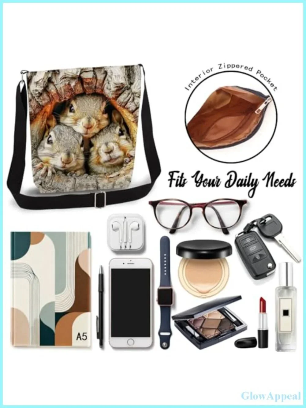 Polyester Messenger Crossbody Bag Squirrel Print Adjustable Strap